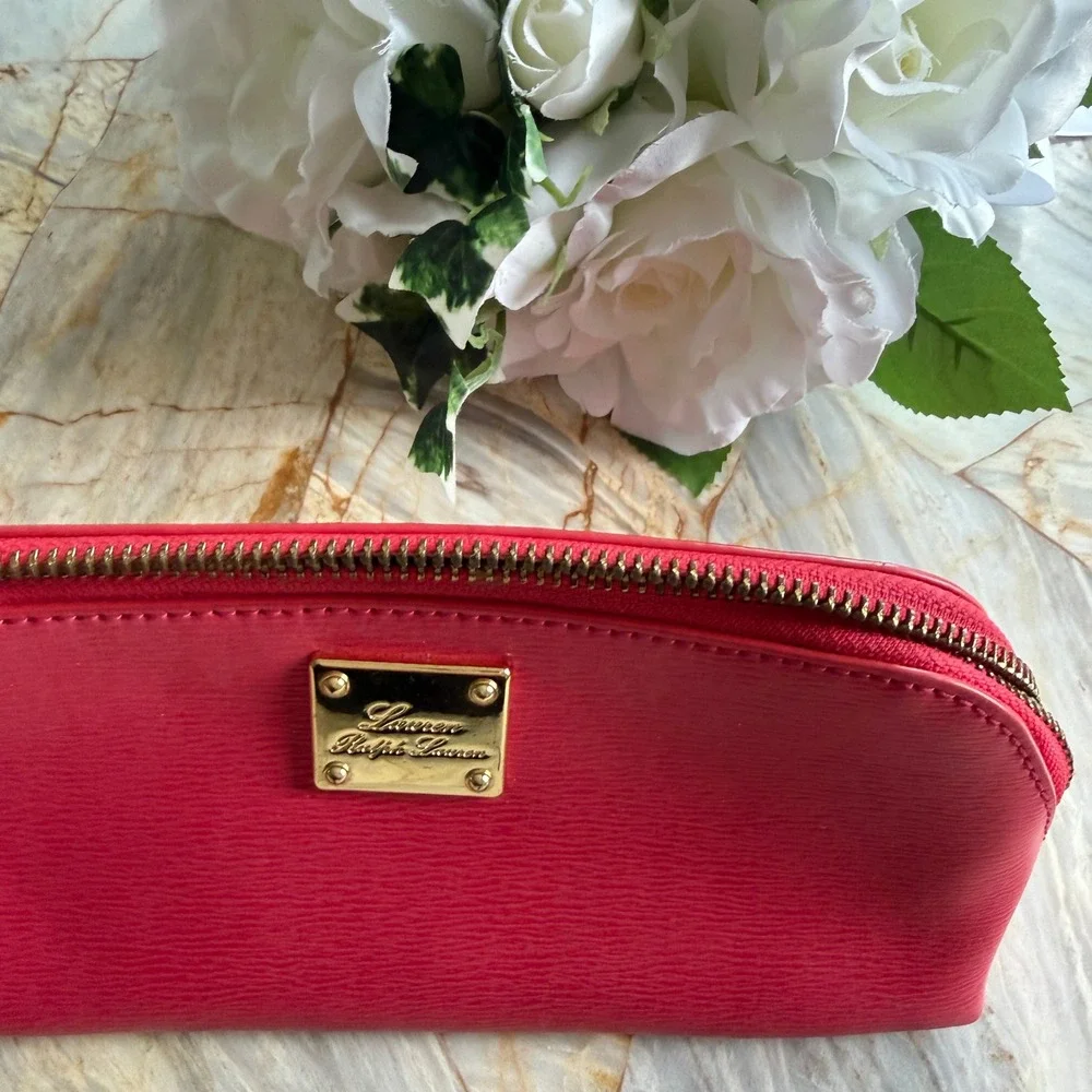 Lauren Ralph Lauren Red‎ Textured Cosmetic Bag Pouch Gold Logo Zipper